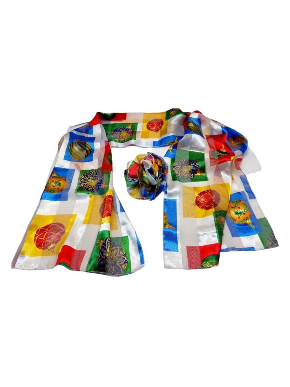 Christmas Scarf Ornament bulbs Polyester White multi-colored with matching bow